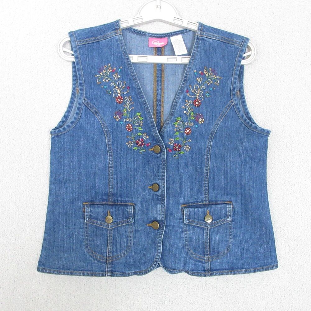 Pappagallo‎ Vest Women Petite 6P Embroidered Floral Beaded Denim Boho Hippie